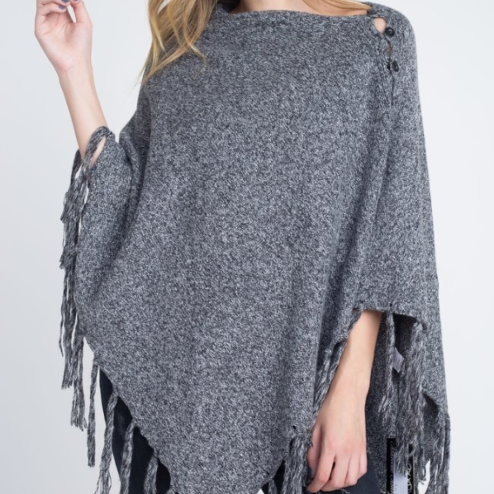 V-Shaped Fringed Poncho with Buttons